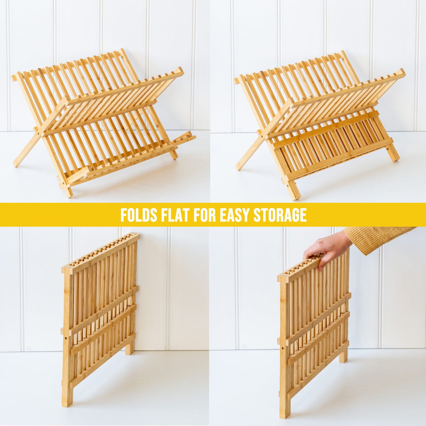 2-Tier Bamboo Dish Rack – Foldable X-Frame Plate & Cup Drainer