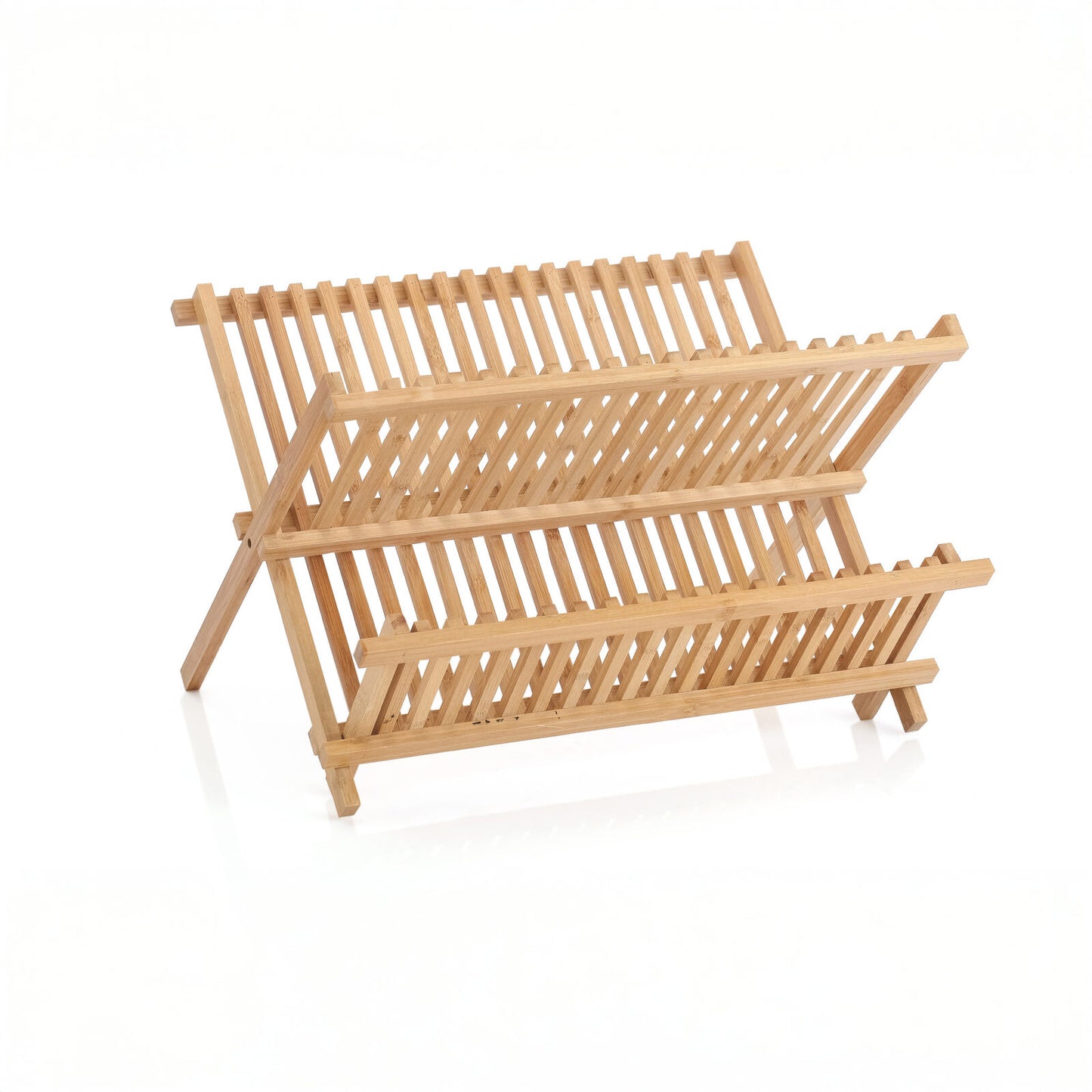 2-Tier Bamboo Dish Rack – Foldable X-Frame Plate & Cup Drainer