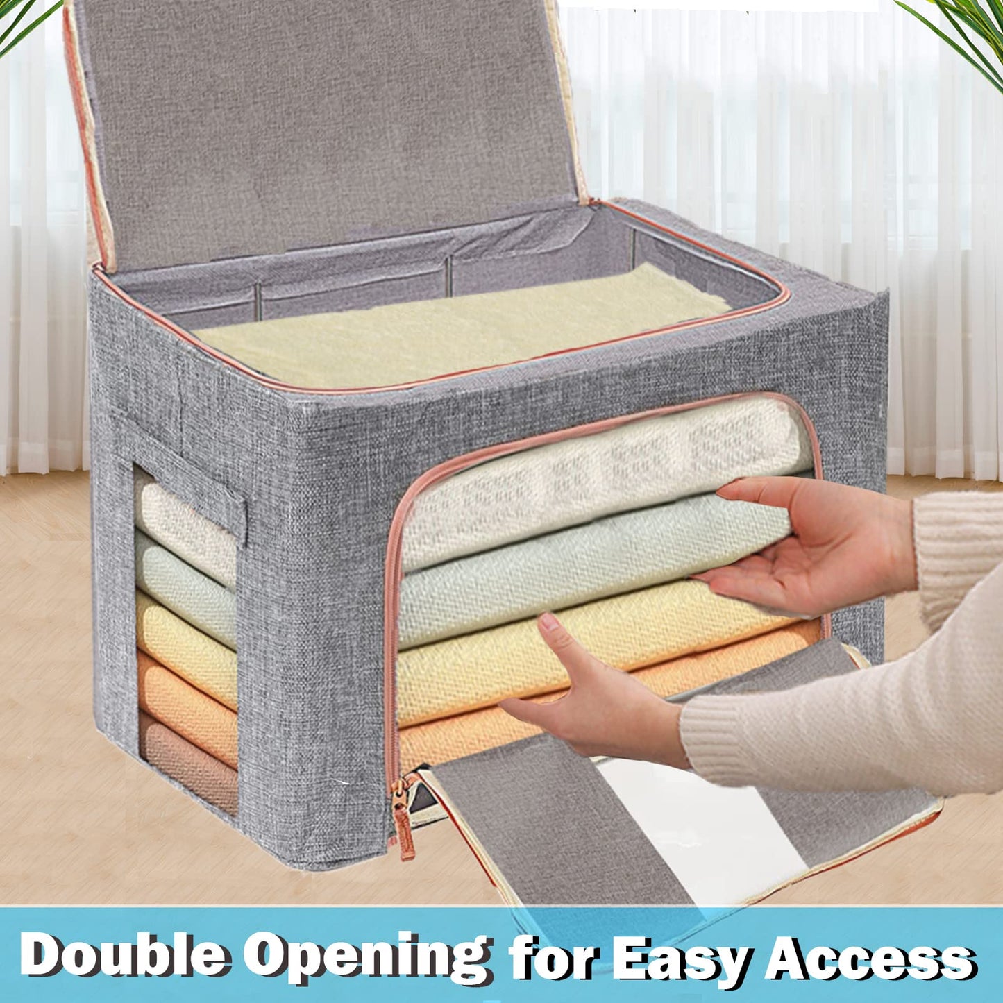 100L Foldable Linen Storage Box – Grey Closet Organiser with Metal Frame
