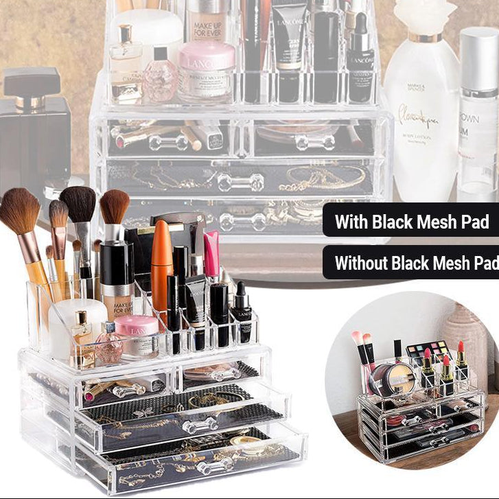 Clear Acrylic Makeup & Jewellery Organiser – 4 Drawer Storage Box (With/Without Mesh Pad)