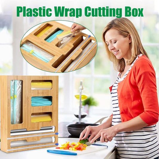 Bamboo Wrap Dispenser – Multi-Compartment Storage Box with Cutter & Lid
