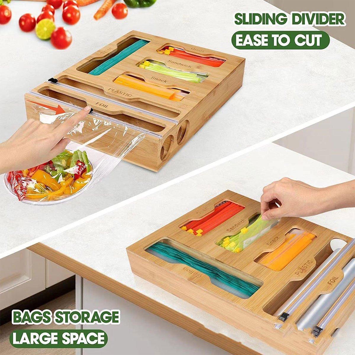 Bamboo Wrap Dispenser – Multi-Compartment Storage Box with Cutter & Lid
