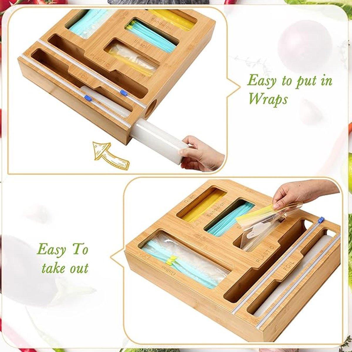 Bamboo Wrap Dispenser – Multi-Compartment Storage Box with Cutter & Lid