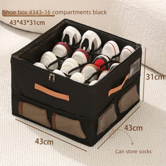 16-Grid Extra Large Shoe Box – Foldable Fabric Organiser with Side Pockets & Clear Lid