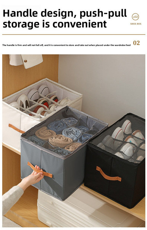 12-Grid Foldable Shoe Box – Breathable Fabric Wardrobe Organiser with Clear Lid