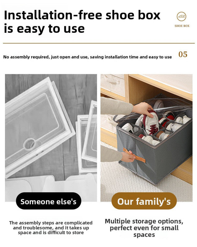 12-Grid Foldable Shoe Box – Breathable Fabric Wardrobe Organiser with Clear Lid