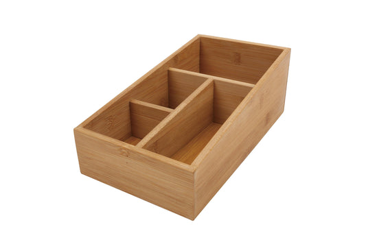Bamboo Storage Box – 4-Compartment Organiser for Desk, Kitchen & Craft Supplies